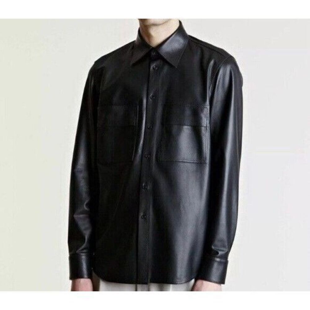 Barneys New York Black Leather Button-Down Shirt Jacket 90s Minimalist